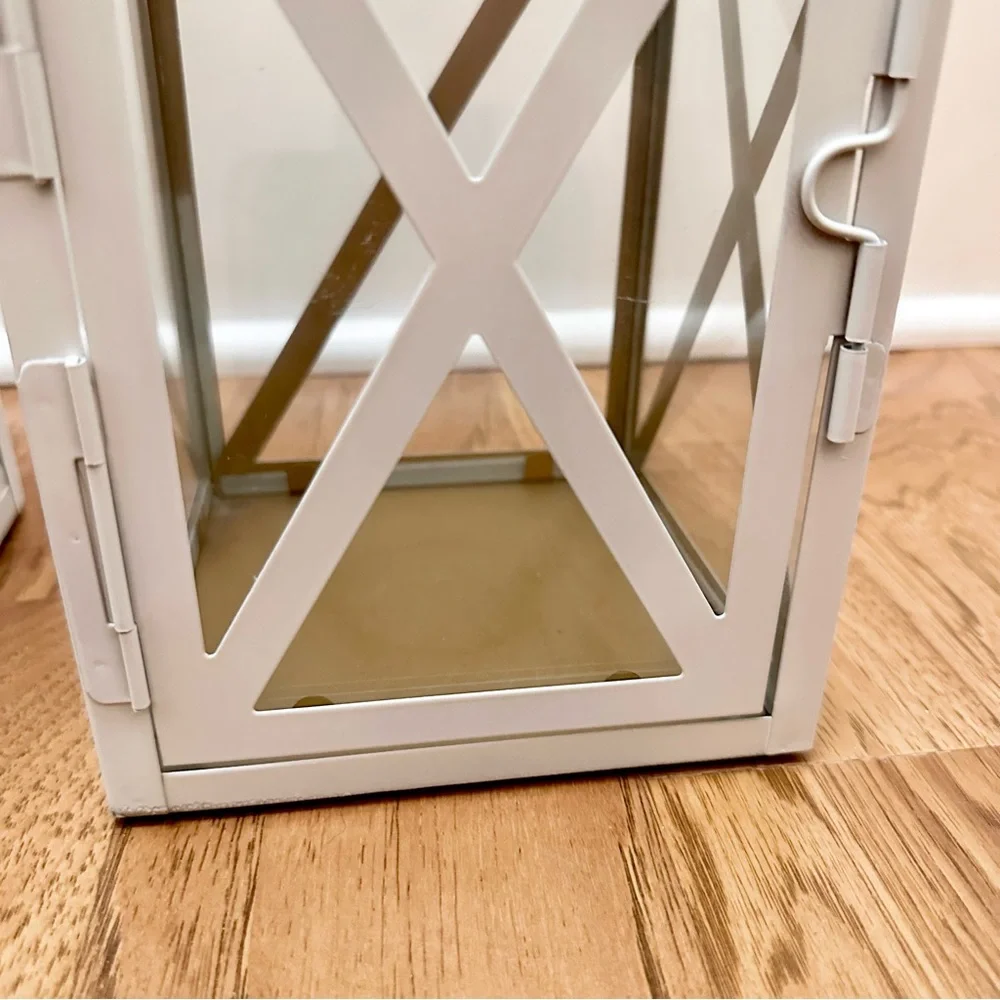 Set Of 2 Medium White Vintage Lanterns W/ Matte Gold Interior Metal & Glass
